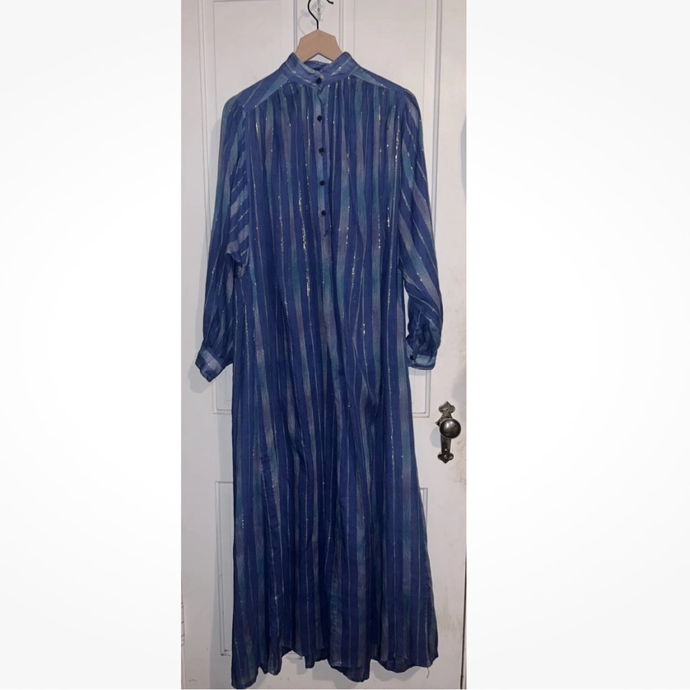 Vintage 70s Sultana By Adini India Blue Ombré Gold Metallic Caftan Maxi Dress OS
